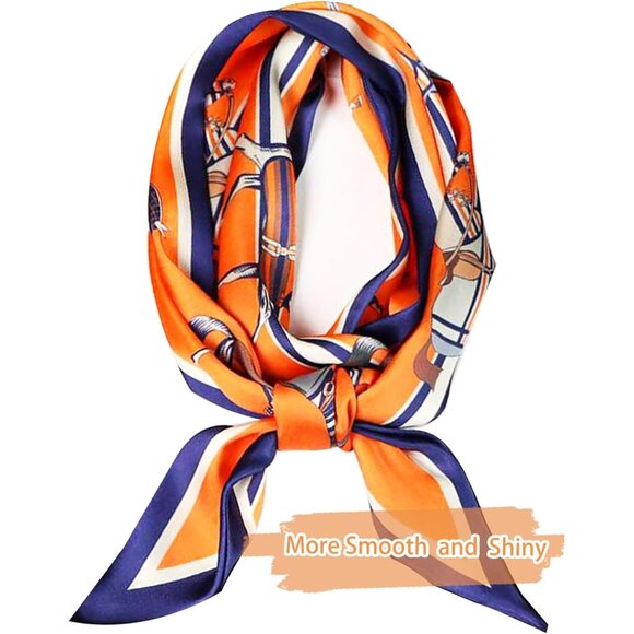Women's Orange Blue Horse Fashion Oblique Angle Silk Neck Scarf Printed Scarves - Picture 7 of 7